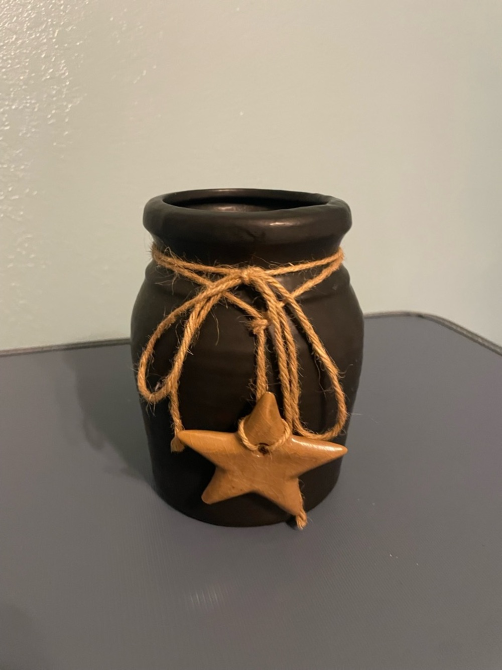 Matte Black Decorative Jar with Jute Tie and Gold Star